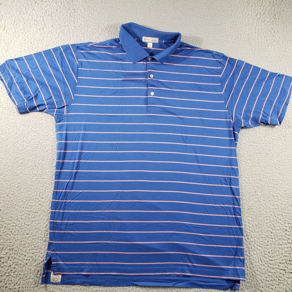 Peter Millar Shirt Men's Large Blue Orange Striped Golf Polo Short Sleeve